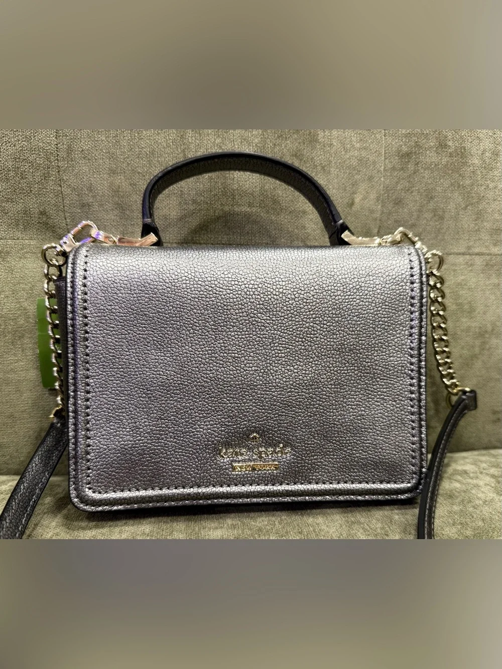 Kate Spade Maisie Metallic Pewter Pebbled Leather Crossbody with Top Handle
